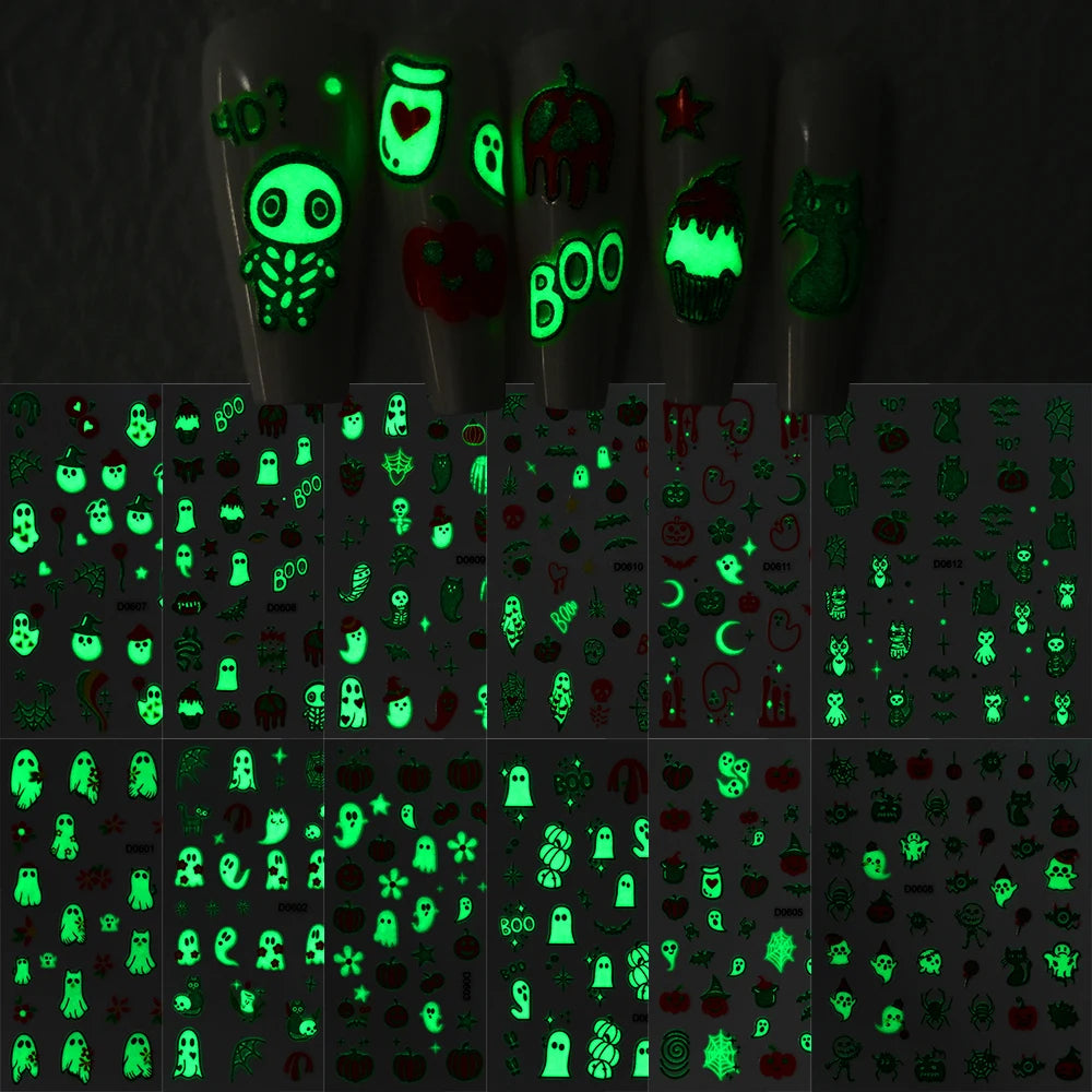 12Sheets Halloween Luminous Nail Art Stickers Cartoon Ghost /Pumpkin/Spider/Bat/Skull/Black-Cat Decals Manicure Adhesive Sliders