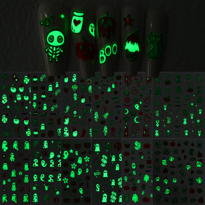12Sheets Halloween Luminous Nail Art Stickers Cartoon Ghost /Pumpkin/Spider/Bat/Skull/Black-Cat Decals Manicure Adhesive Sliders