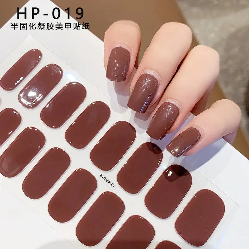 Semi-Cured Gel Nail Sticker 16Tips Glitter Pink UV Gel Nail Glitter Stickers Full Cover Long-Lasting UV Lamp Cured Manicure Tips