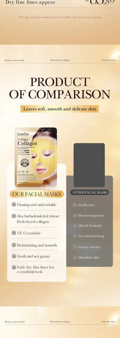 SADOER 24k Golden Collagen Facial Masks Anti Wrinkle Firming Moisturizing Anti-Aging Face Mask Beauty Facial Skin Care Products