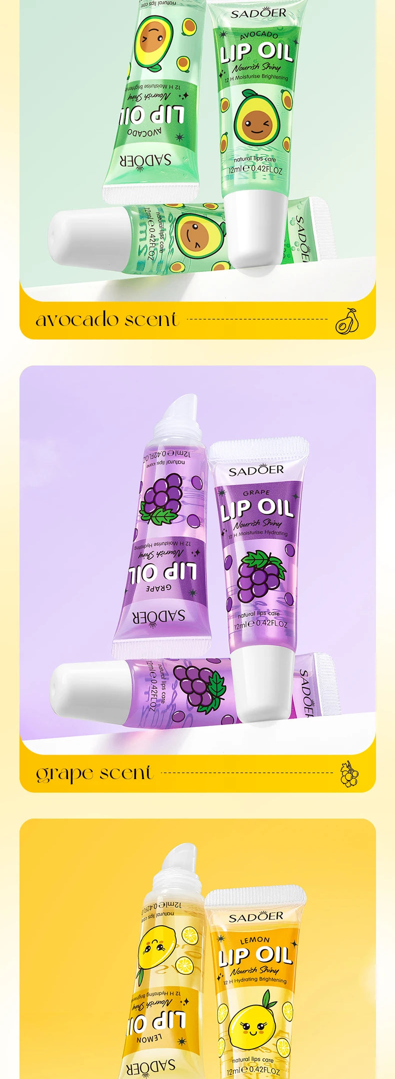 3pcs/set SADOER Crystal Jelly Lip Oil Hydrating Plumps Lip Gloss Cute Makeup Lipsticks Clear Serum Fruit Lip Balm Cosmetics Sets