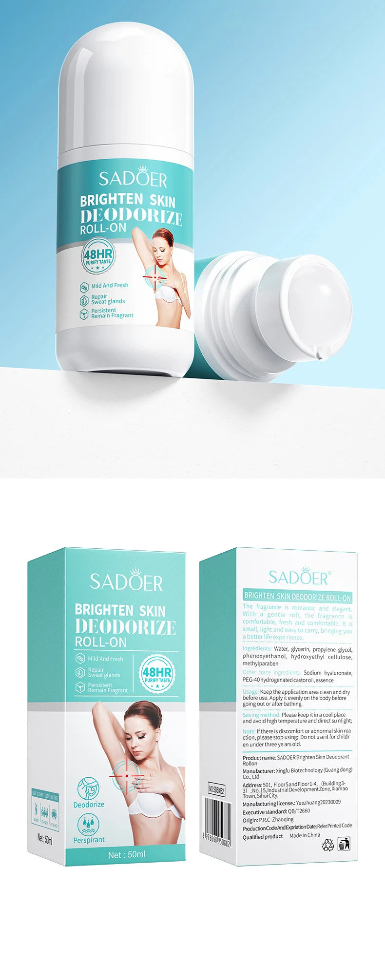 SADOER Deodorizing Body Lotion Roll-On Bead Deodorize Armpits Refreshing Body Skin Brightening Underarm Anti Sweating Odor Cream