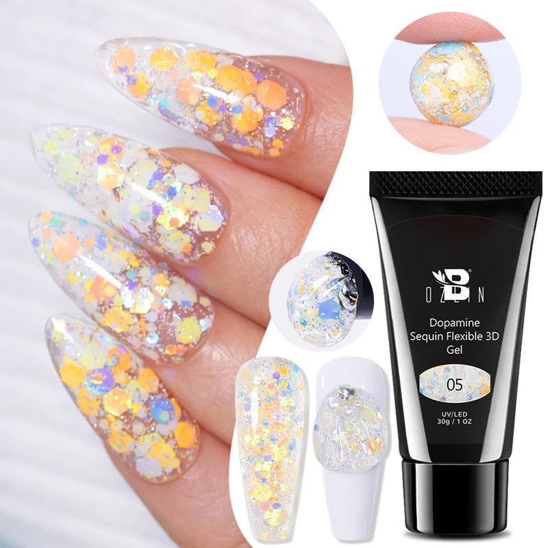 30g Dopamine Sequin Flexible 3D Gel Non Stick Hand Solid Extension Nail Gel Nude Pink White Extension Gel Rhinestone Glue Gel
