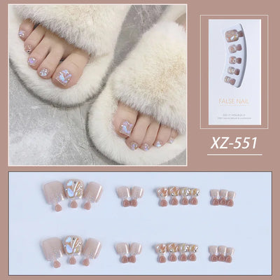 24pcs Gold Glitter Sequins False Toenails Fashion Blue Square Head Artificial Toe Nails Detachable Fake Toe Nails Full Cover