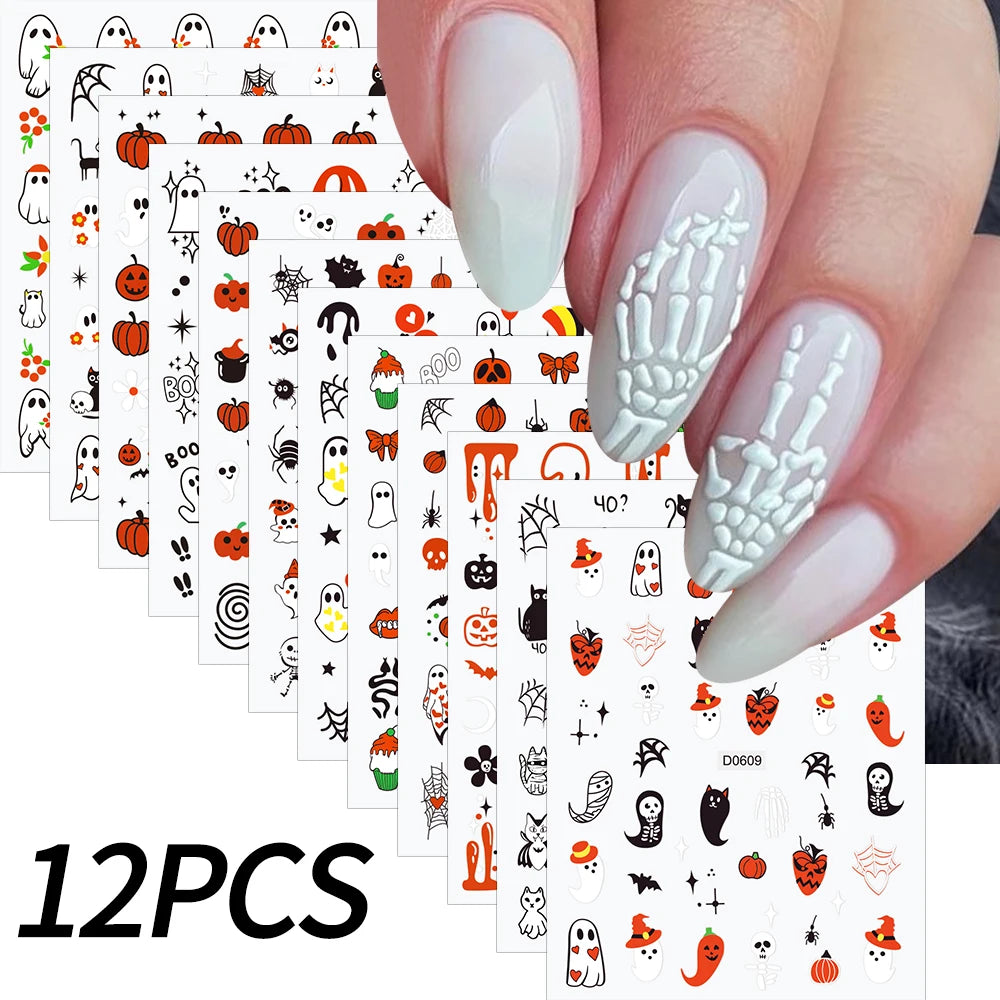 12Sheets Halloween Luminous Nail Art Stickers Cartoon Ghost /Pumpkin/Spider/Bat/Skull/Black-Cat Decals Manicure Adhesive Sliders
