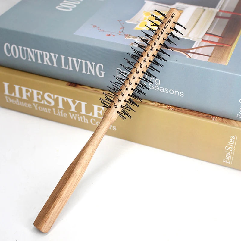 Nylon Round Hair Brush Anti-Static Comb Hairdressing Blow Drying Blow Bangs Pear Head Straight Hair Hairdressing Wooden Comb