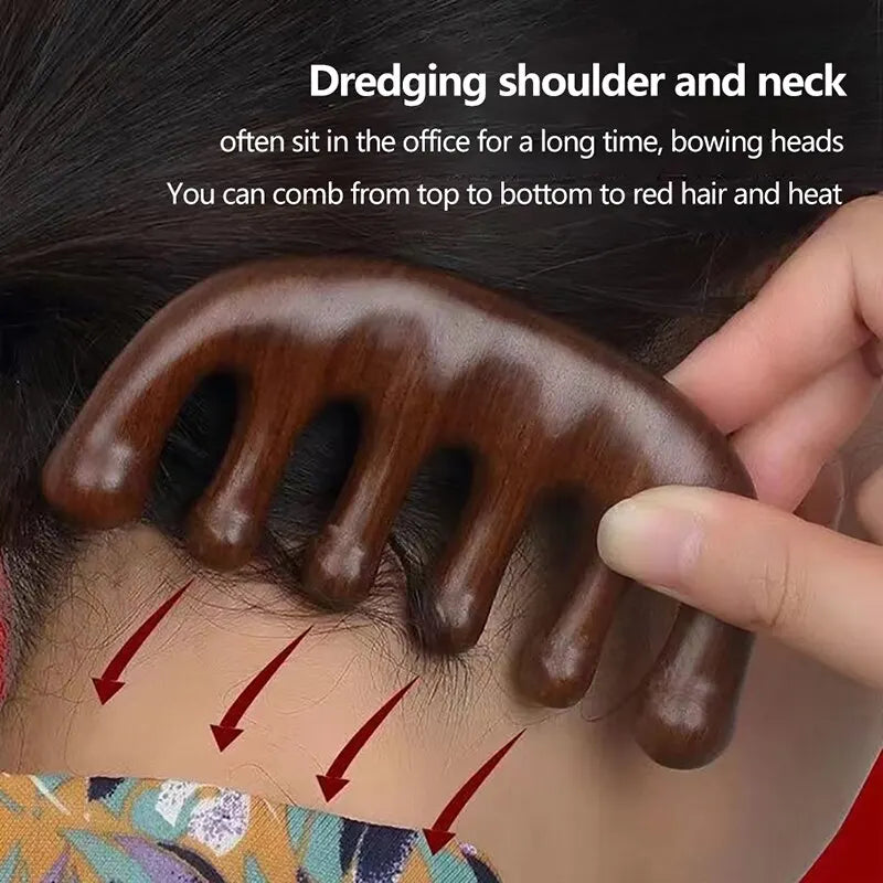 Sandalwood Head Meridian Massage Comb with Five Teeth Antistatic Massager Acupuncture Therapy Blood Circulation Wooden Combs