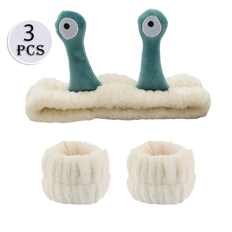 3-piece set Coral velvet snail decorative headband and, absorbent wrist towel suitable for bathing, with elastic anti slip