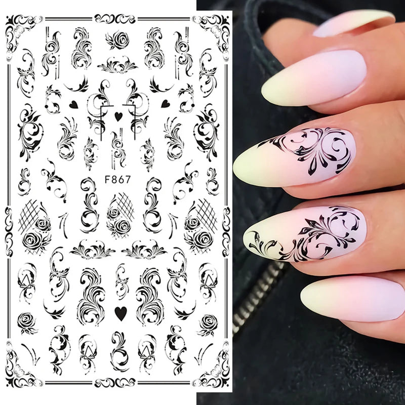 Black White Line Flower 3D Nail Sticker Nail Art Supplies Bronzing Geometric Pattern Sticker Nail Decals Nail Parts Manicure