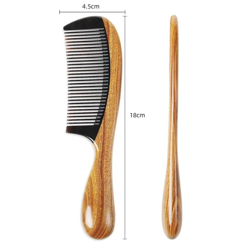 Handmade Natural Green Sandalwood with Buffalo Horn Hair Comb Anti-Static Fine Wide Tooth Hair Detangler Head Scalp Massage