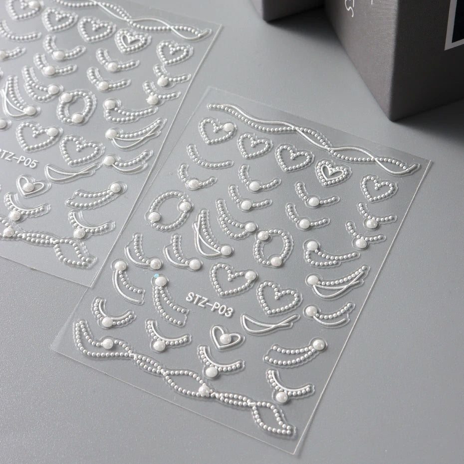 White 5D Pearl Lace Wave Lines Nail Art Stickers Elegant Exquisite Nail Decoration Decals Self Adhesive Transfer Slider Manicure