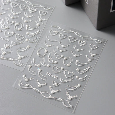 White 5D Pearl Lace Wave Lines Nail Art Stickers Elegant Exquisite Nail Decoration Decals Self Adhesive Transfer Slider Manicure