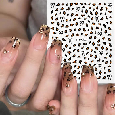 3D Leopard Print Nail Stickers Cute Kawaii Animal Print Gold Black Bow Nails Art Decals DIY Sexy Manicure Stickers Supplies