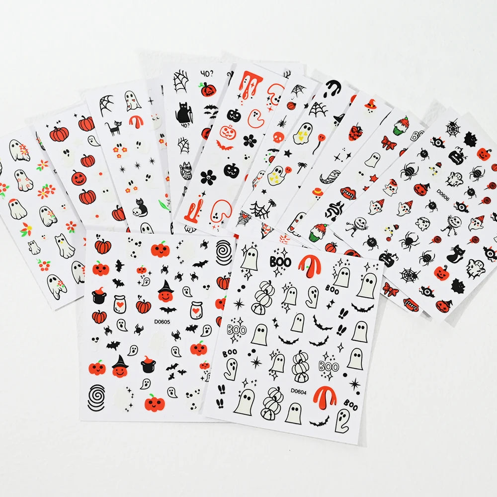 12Sheets Halloween Luminous Nail Art Stickers Cartoon Ghost /Pumpkin/Spider/Bat/Skull/Black-Cat Decals Manicure Adhesive Sliders