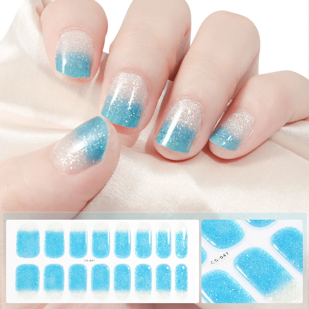 Semi-Cured Gel Nail Sticker 16Tips Glitter Pink UV Gel Nail Glitter Stickers Full Cover Long-Lasting UV Lamp Cured Manicure Tips