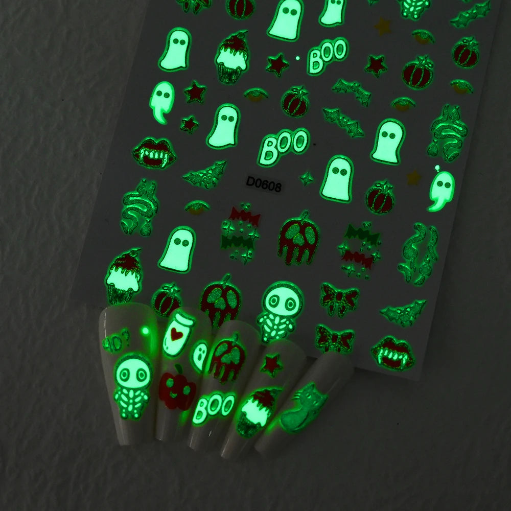 12Sheets Halloween Luminous Nail Art Stickers Cartoon Ghost /Pumpkin/Spider/Bat/Skull/Black-Cat Decals Manicure Adhesive Sliders
