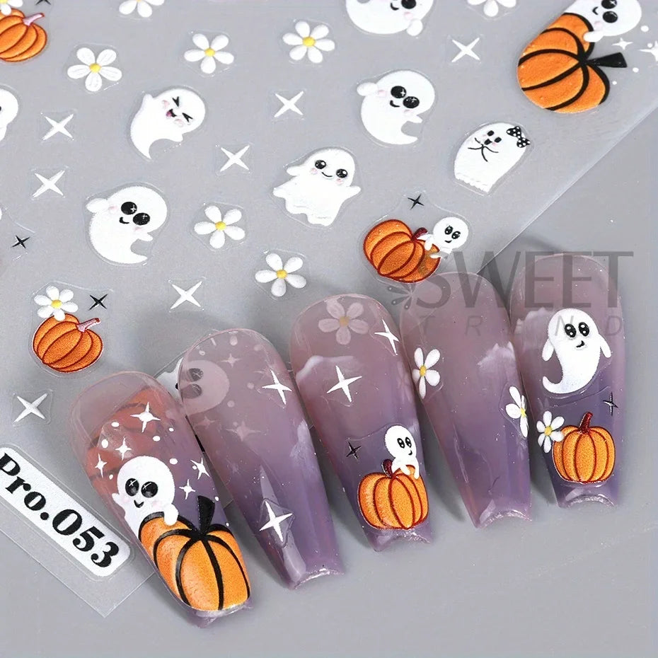 Cartoon Ghost Pumpkin Nail Art Stickers Cute Halloween Spooky Glamour Spider Web Skull Design Magic Festive Decor Manicure Foils