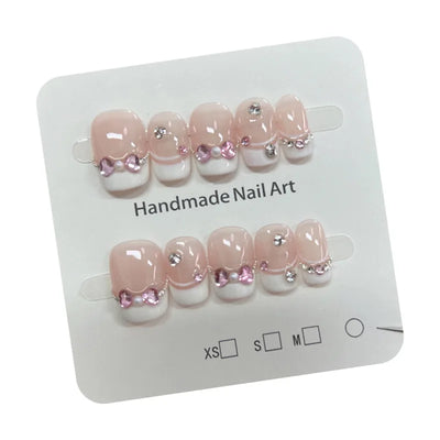 10Pcs Handmade Press On Nails Short Oval Glitter French Fake Nails Full Cover Pink 3D Bow Diamond  Design Wearable Nail Tips Art