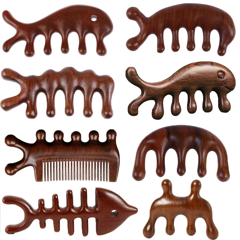 Sandalwood Head Meridian Massage Comb with Five Teeth Antistatic Massager Acupuncture Therapy Blood Circulation Wooden Combs