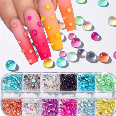 1Box Rainbow Mermaid Tears Nail Art Charms Macaron Bubble Beads Nail Art for Summer Aurora Half Spherical Glass Nail Decorations