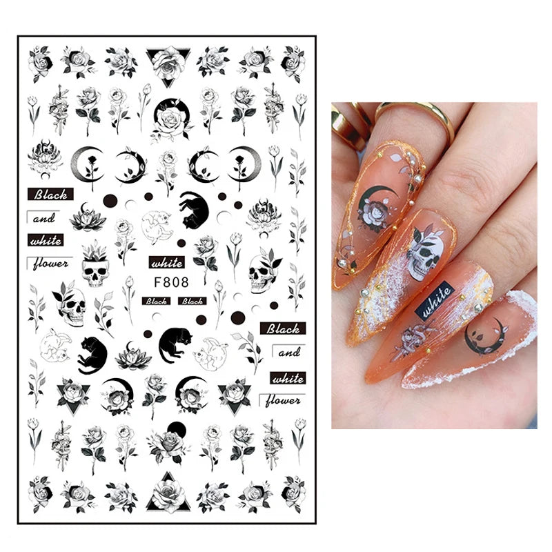 Black White Line Flower 3D Nail Sticker Nail Art Supplies Bronzing Geometric Pattern Sticker Nail Decals Nail Parts Manicure