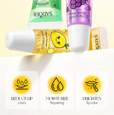 3pcs/set SADOER Crystal Jelly Lip Oil Hydrating Plumps Lip Gloss Cute Makeup Lipsticks Clear Serum Fruit Lip Balm Cosmetics Sets