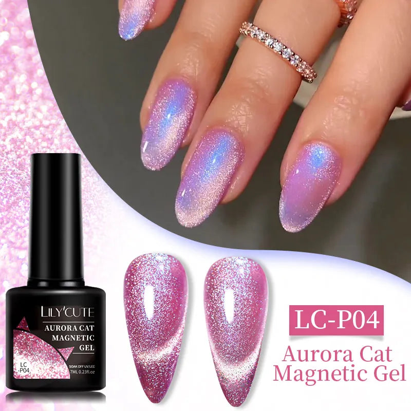 Lilycute Auroras Effect Gel Nail Polish Top Coat Summer Purple Spar Glitter Laser Semi Permanent Soak Off Nail Art Gel Varnish