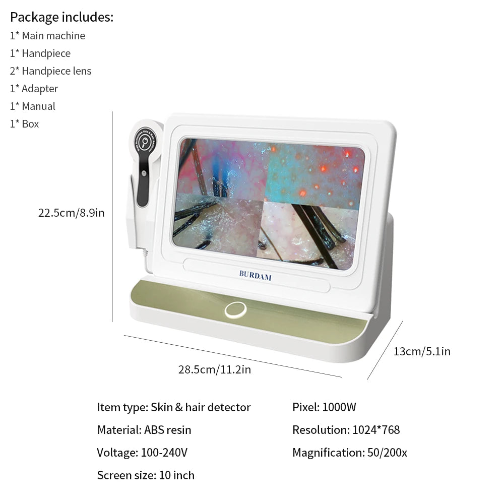 10 inch HD Display Professional Skin Analyzer 50X/200X Magnifying Skin Test Device Pore Magnifier Hair Follicle Scalp Detector