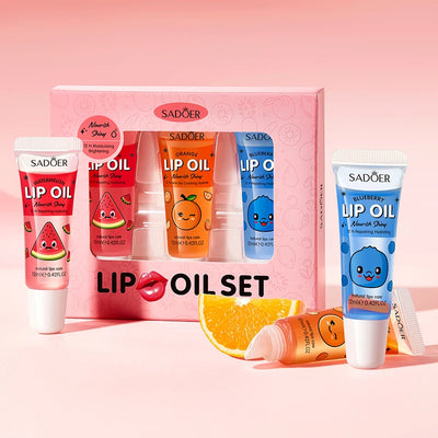 3pcs/set SADOER Crystal Jelly Lip Oil Hydrating Plumps Lip Gloss Cute Makeup Lipsticks Clear Serum Fruit Lip Balm Cosmetics Sets