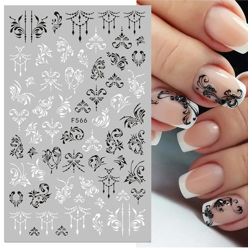 Black White Line Flower 3D Nail Sticker Nail Art Supplies Bronzing Geometric Pattern Sticker Nail Decals Nail Parts Manicure