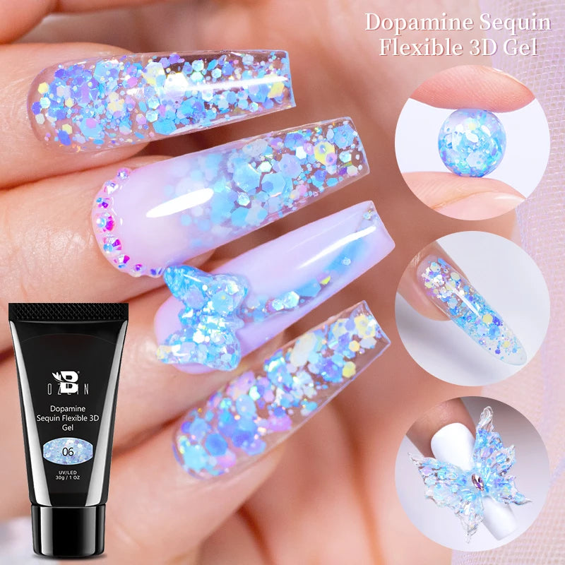 30g Dopamine Sequin Flexible 3D Gel Non Stick Hand Solid Extension Nail Gel Nude Pink White Extension Gel Rhinestone Glue Gel