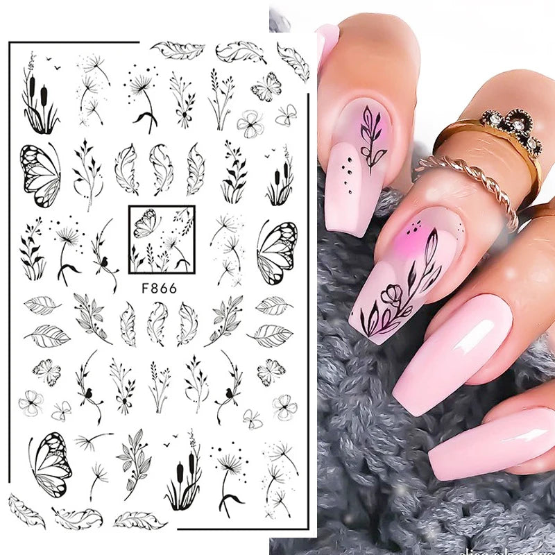 Black White Line Flower 3D Nail Sticker Nail Art Supplies Bronzing Geometric Pattern Sticker Nail Decals Nail Parts Manicure