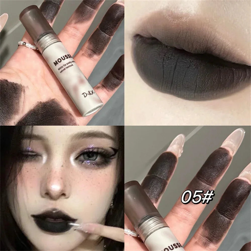 Gothic Matte Black Lipstick Waterproof Mousse Lip Mud Nude Brown Lipstick Moisturize Silky Gloss Makeup Non-stick Lips Tint