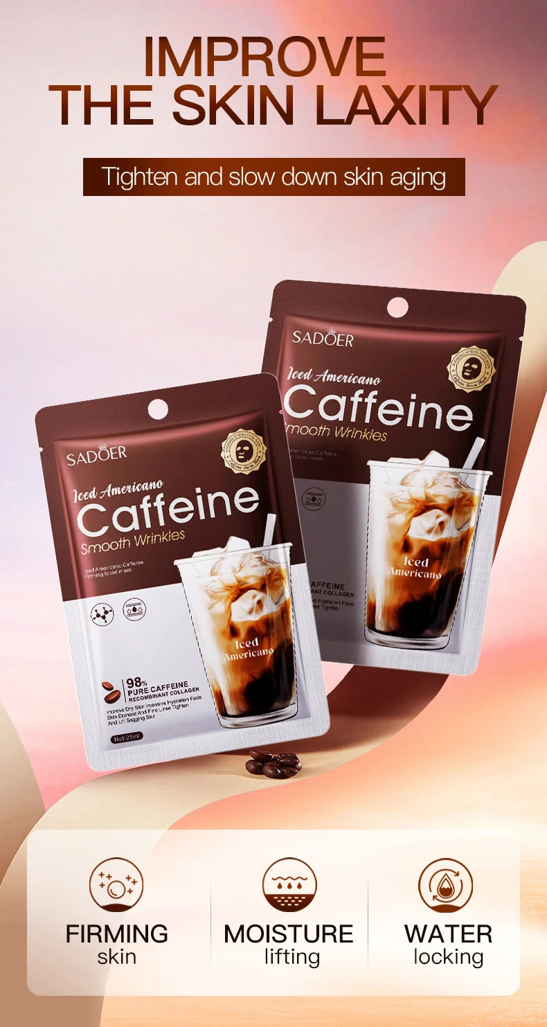 5/10pcs SADOER Caffeine Face Mask Moisturizing Anti-aging Hydrating Anti Wrinkles Facial Masks Face Sheet Mask Skin Care